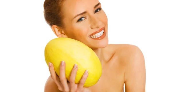 Kvinna med melon på vit — Stockfoto