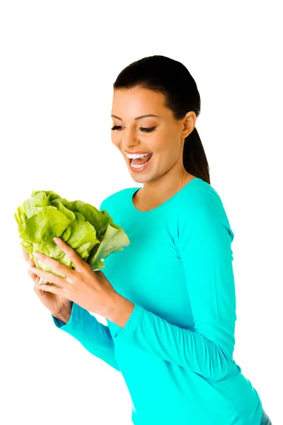Donna con lattuga verde — Foto Stock