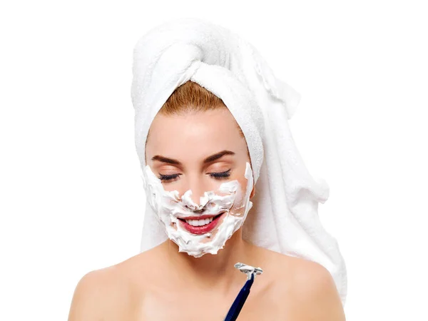 Young woman have morning shave — Stock Photo, Image