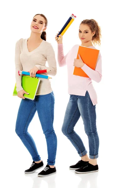 Portrait of a cute young student girls holding colorful notebooks — Stock Photo, Image