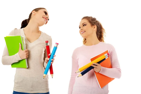 Portrait of a cute young student girls holding colorful notebooks — Stock Photo, Image