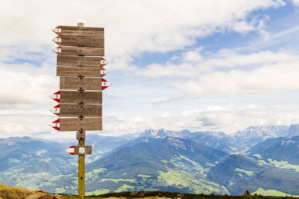 finger poast  for hiking trails at the Rittner Horn, South Tyrol, Italy
