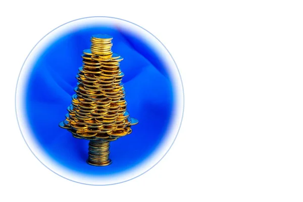 Golden Happy Christmas Tree Many Golden Coins Blue Blur Background Stock Picture