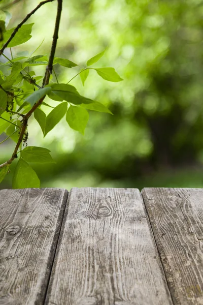 古い木製のテーブルと葉と自然な背景をぼかし 春の森 美しい自然の背景 — ストック写真