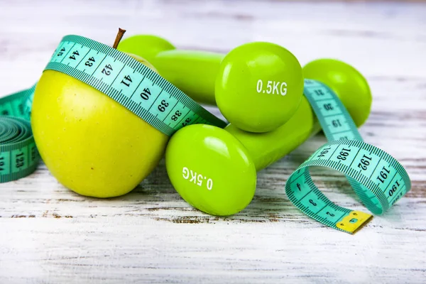 Apples Dumbbells Measuring Tape Wooden Background Concept Diet Healthy Lifestyle — Stock Photo, Image