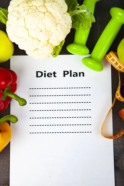 Food Sheet Paper Diet Plan Dark Wooden Background Concept Diet — Stock Photo, Image