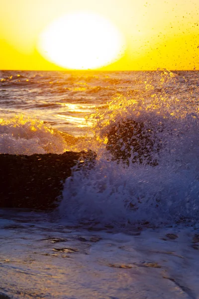 Piękne Morze Zachodzie Słońca Spray Kamień Tle Żółte Słońce Seascape — Zdjęcie stockowe
