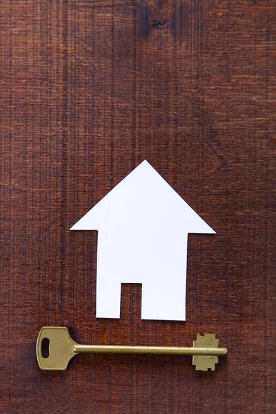 Cardboard House Key Wooden Background Buying Property — Stock Photo, Image