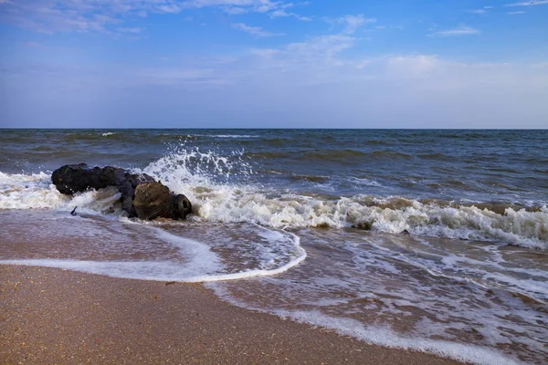 美丽的海滩和海冲浪 夏日海景 日志位于海滩上 — 图库照片