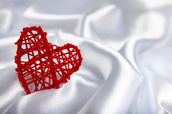 White Silk Fabric Folds Red Heart Beautiful Romantic Background — Stock Photo, Image