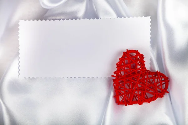 White Silk Fabric Folds Red Heart Note Beautiful Romantic Background — Stock Photo, Image