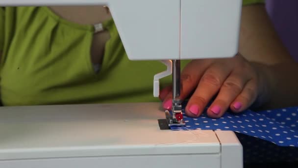 Seamstress Sews Sewing Machine Woman Sews Blue Fabric — Stock Video