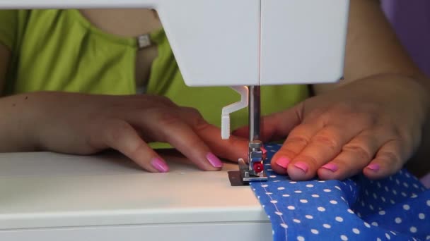 Seamstress Sews Sewing Machine Woman Sews Blue Fabric — Stock Video