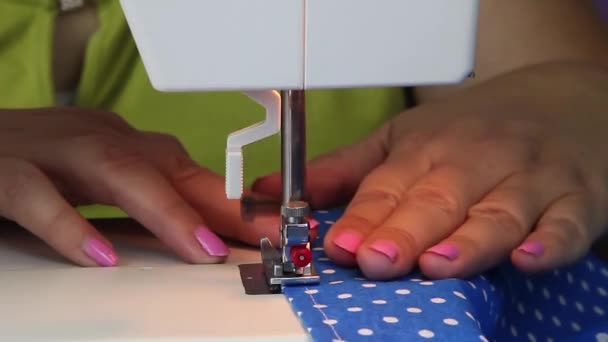 Seamstress Sews Sewing Machine Woman Sews Blue Fabric — Stock Video