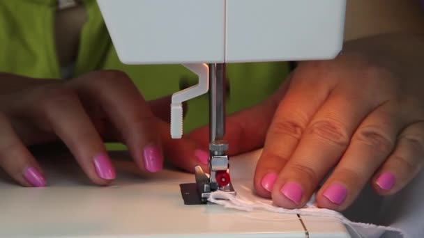 Seamstress Sews Sewing Machine Woman Sews White Silk — Stock Video