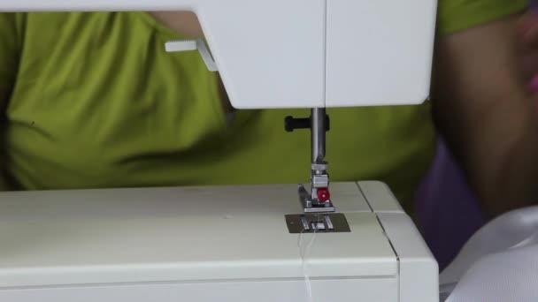 Seamstress Sews Sewing Machine Woman Sews White Silk — Stock Video