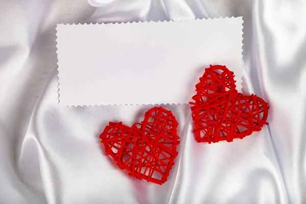 White Silk Fabric Folds Two Red Hearts Note Beautiful Romantic — Stock Photo, Image