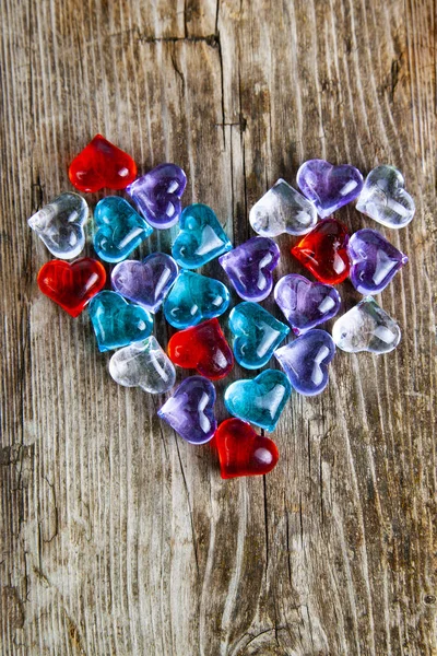 Heart Multi Colored Glass Hearts Old Wooden Background Romantic Background — Stock Photo, Image