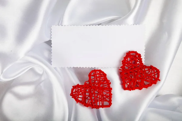 White Silk Fabric Folds Two Red Hearts Note Beautiful Romantic — Stock Photo, Image