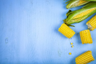 Olgun Mısır mavi bir tablo. Metniniz için yer.