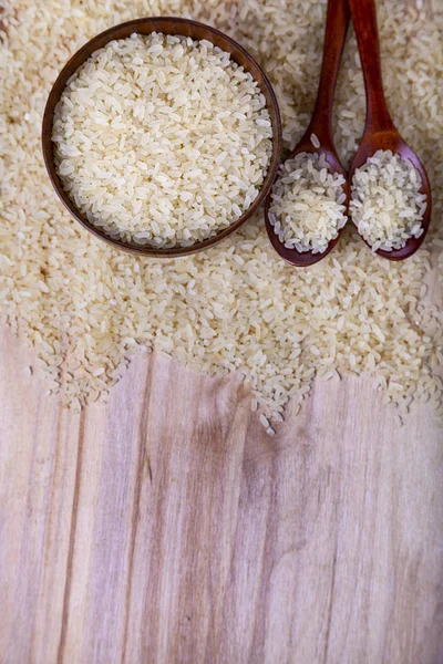 Long Grain Steamed Rice Bowl Two Spoons Wooden Background Ingredient — Stock Photo, Image