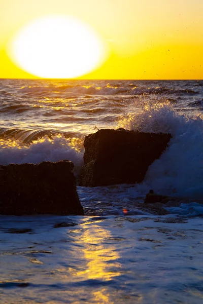 Piękne Morze Zachodzie Słońca Spray Kamień Tle Żółte Słońce Seascape — Zdjęcie stockowe