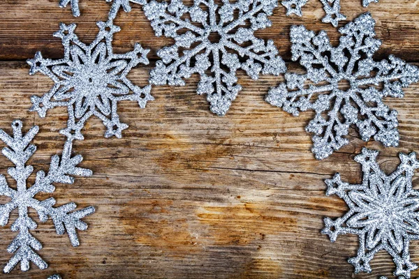 Srebrzystym Śniegu Stary Brązowe Drewniane Tła Boże Narodzenie Wystrój — Zdjęcie stockowe