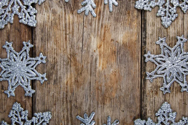 Silvery Snowflakes Old Brown Wooden Background Christmas Decor — Stock Photo, Image