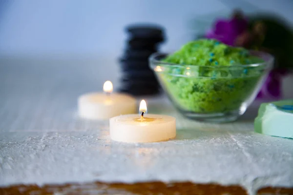 Spa Treatments Wooden Table Sea Salt Spa Stones Orchid Burning — Stock Photo, Image