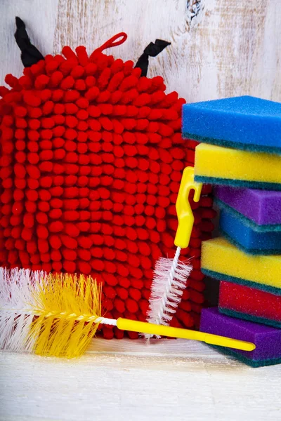 Items Cleaning Kitchen Wooden Background — Stock Photo, Image