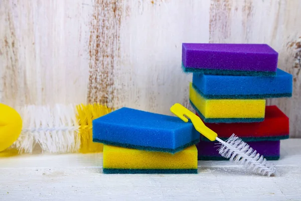 Items Cleaning Kitchen Wooden Background — Stock Photo, Image