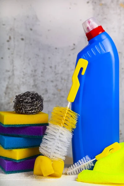 Items Voor Thuis Kantoor Achtergrond Van Een Grijze Muur Schoonmaken — Stockfoto