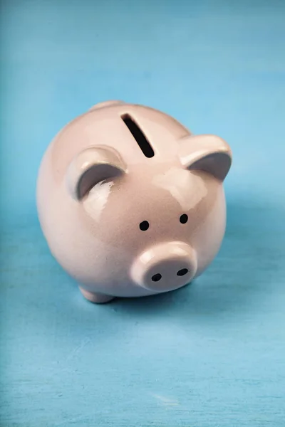 Pink pig money box on blue wooden background close up.