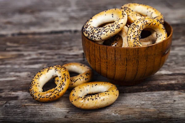 Bagels Wooden Bowl Old Wooden Background — Stock Photo, Image