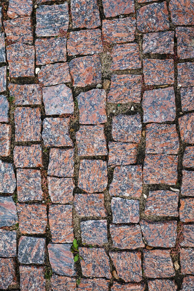 Stone road close up. Fragment of a walkway in the park.