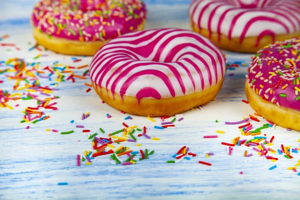 Donuts Blue Wooden Background Delicious Dessert — Stock Photo, Image