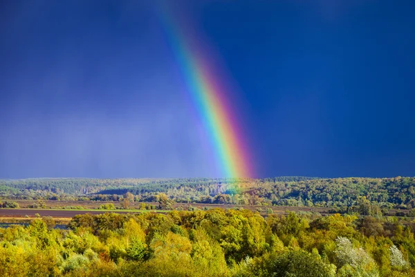 Rainbow over the forest on the background of a stormy blue sky. Summer landscape after a thunderstorm.