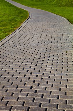 Parktaki taş patika ve yeşil çimenlik. Yürümek için güzel bir yaz parkı..