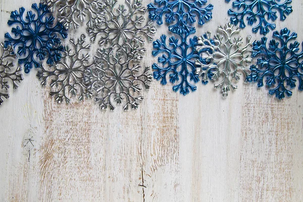 Bordure Flocons Neige Bleus Argentés Sur Fond Bois Décor Noël — Photo