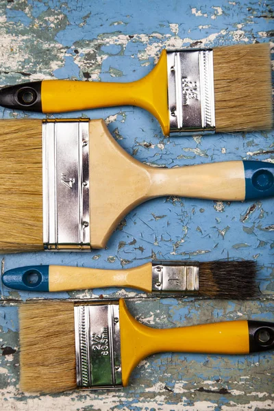 Brushes Old Blue Table Items Home Office Renovation — Stock Photo, Image