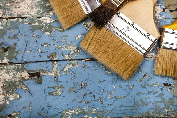 Brushes Old Blue Table Items Home Office Renovation — Stock Photo, Image