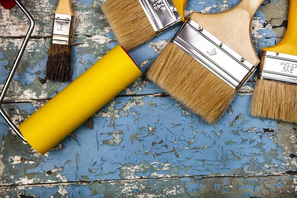 Brushes Roller Old Blue Table Items Home Office Renovation — Stock Photo, Image