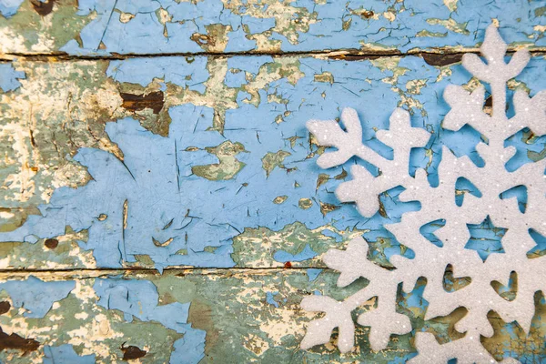 Flocon Neige Noël Sur Fond Bois Bleu — Photo