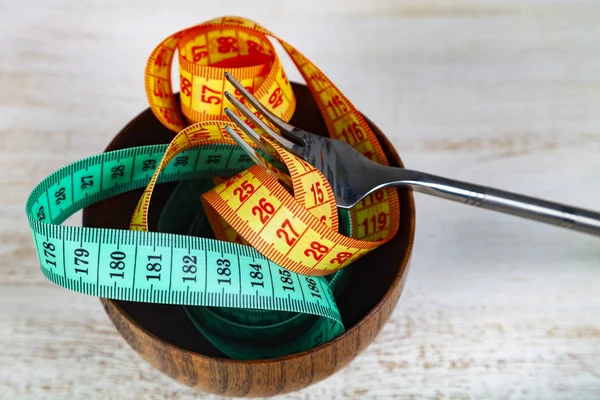 Measuring Tape Wooden Bowl Fork Concept Diet Weight Loss — Stock Photo, Image