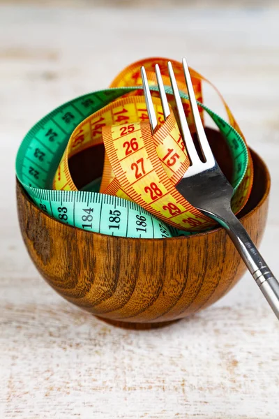 Measuring Tape Wooden Bowl Fork Concept Diet Weight Loss — Stock Photo, Image