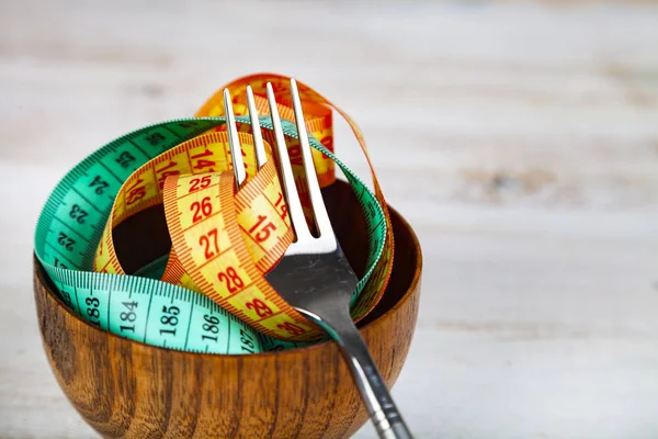 Measuring Tape Wooden Bowl Fork Concept Diet Weight Loss — Stock Photo, Image