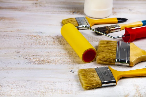 Paint Can Roller Brush Table Items Home Office Renovation — Stock Photo, Image