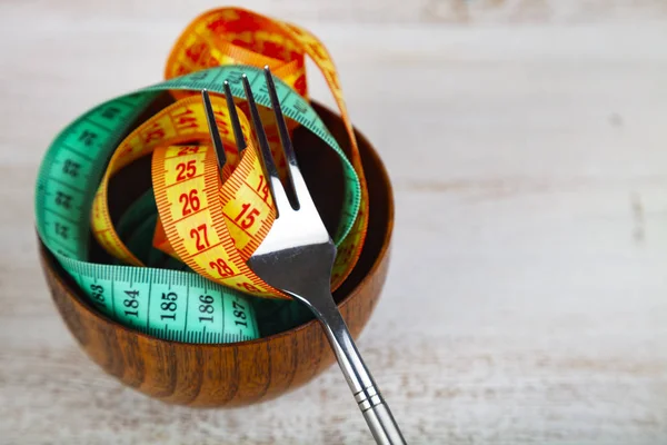 Measuring Tape Wooden Bowl Fork Concept Diet Weight Loss — Stock Photo, Image