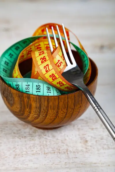 Measuring Tape Wooden Bowl Fork Concept Diet Weight Loss — Stock Photo, Image