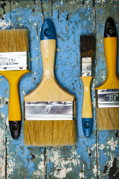 Brushes Old Blue Table Items Home Office Renovation — Stock Photo, Image